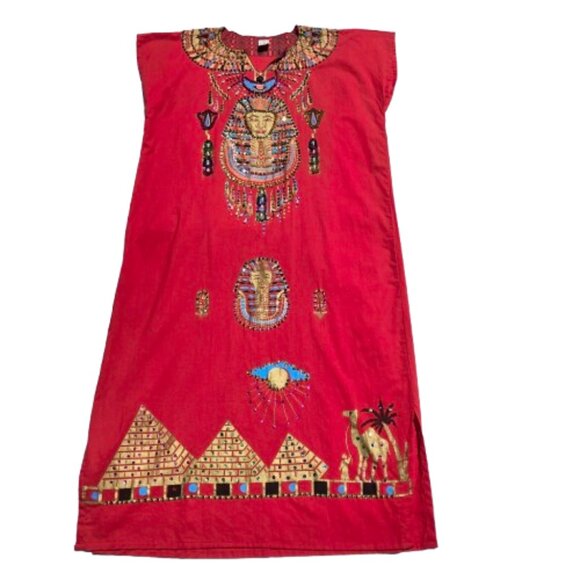 Vintage Egyptian Cleopatra King Tut Sequined Red Kaftan Caftan Maxi Dress XL/XXL - Picture 16 of 16